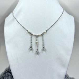 Silver Toned 14” Chain Necklace with Three Jeweled Dangles and Faux Pearls